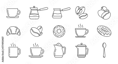 A collection of outline linear symbols representing coffee time, perfect for graphic and web design, apps, adverts, and various cards. This vector cartoon illustration features icons like coffee