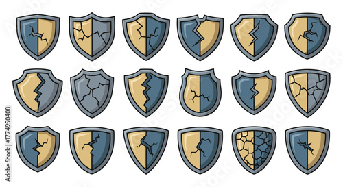 Set of 18 Cracked Shield Icons for Graphic Design, Web Sites, Cards, Books, and Articles. Vector Cartoon Illustration of Damaged Shields in Blue and Yellow, representing broken protection, failure