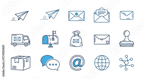 Collection of blue linear icons representing communication and delivery services, including paper airplanes, envelopes, mailboxes, delivery trucks, packages, chat bubbles, the at symbol, a globe, and