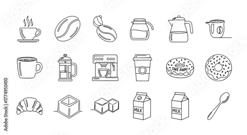 Collection of coffee-related outline icons for graphic and web design, apps, adverts, and various cards. This ordered set includes a steaming cup of coffee, coffee beans, a French press, a coffee