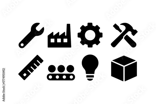Industrial icons set: tools, gear, factory, and more in bold silhouette style