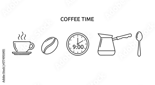 Minimalistic vector cartoon illustration depicting coffee time symbols, including a steaming cup, coffee bean, clock, cezve, and spoon, perfect for web design, apps, banners, social networks, and