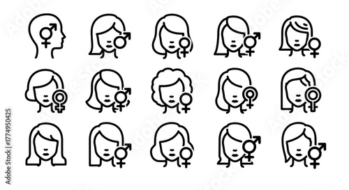 Collection of stylized female head outlines, each featuring the Venus symbol, representing gender identity and women's empowerment. This vector graphic set is ideal for diverse applications including