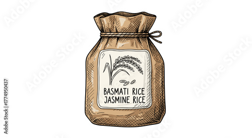 Hand-drawn illustration of a rustic burlap sack filled with basmati and jasmine rice, featuring a label with a rice stalk graphic and the product names, perfect for food packaging, grocery stores