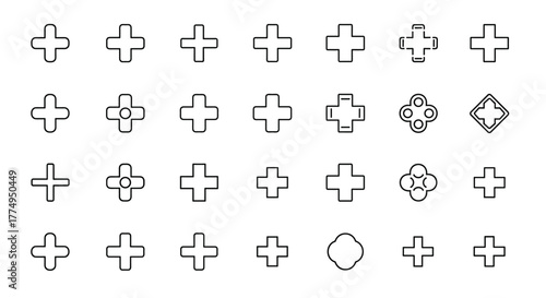 A collection of thin line plus sign icons, featuring various styles and designs, including rounded edges, four circles, and a diamond shape, all presented as outline signs perfect for graphic and web