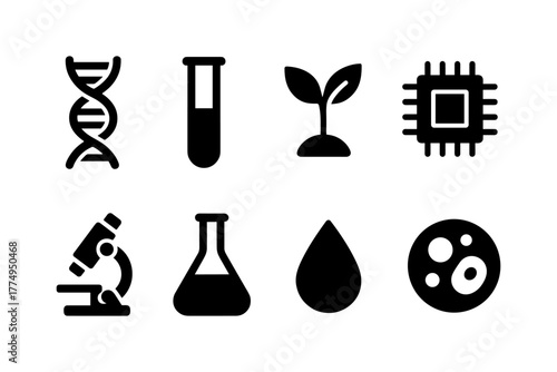 Science and technology icons: dna, microchip, lab equipment, and biology elements in bold style