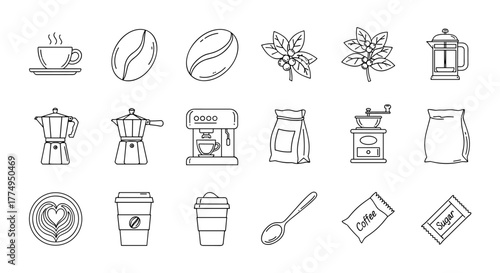 Collection of line art icons representing coffee and coffee-making essentials, including a steaming cup, coffee beans, a coffee plant, a French press, moka pots, an espresso machine, bags of coffee