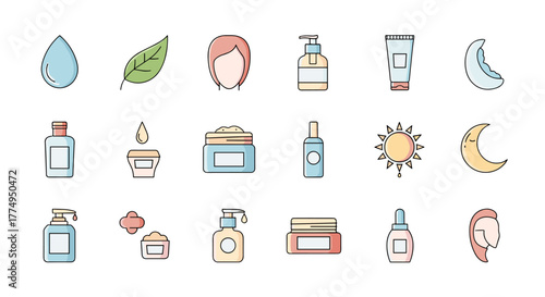 A collection of minimalistic, flat design icons representing skincare and beauty products, including water drops, leaves, bottles, jars, creams, sun, moon, and a silhouette of a woman's face, perfect