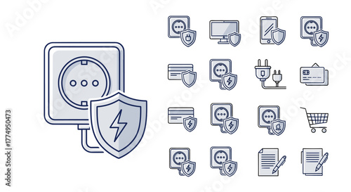 Set of linear icons representing security and protection for various digital and physical assets, including electrical sockets, computer monitors, smartphones, credit cards, and shopping carts, all