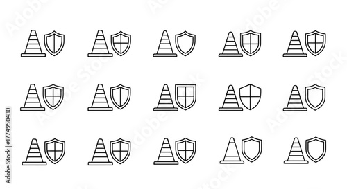 Minimalistic outline icon of a traffic cone paired with a shield, symbolizing safety, protection, and security. This vector cartoon illustration is perfect for web design, graphic design, app icons