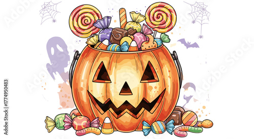 Vibrant watercolor illustration of a carved Halloween pumpkin overflowing with a delightful assortment of colorful candies, lollipops, and treats, set against a spooky black background with playful