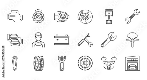 Auto Repair and Service Icon Set: A Vector Illustration of Thin Line Editable Symbols Featuring Engine, Gearbox, Brake, Piston, Battery, Spanner, Mechanic, Diagnostic Tools, and Garage for Automotive