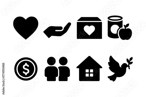 Set of silhouette icons for charity and community support themes