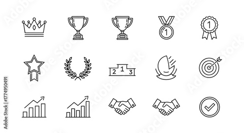 A collection of vector graphic icons representing success, achievement, and business growth, including a crown, trophies, medals, a star award, laurel wreath, podium, pie chart, target, bar graphs
