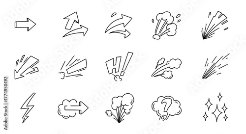 Hand-drawn cute doodle line element arrow with emphasis, shock, and sparkle effects, representing cartoon emotion and movement, perfect for anime-style decorations and dynamic graphic design