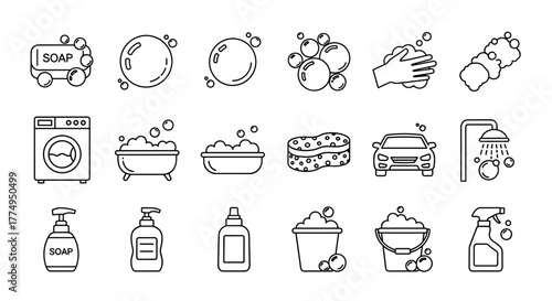 A collection of clean, modern line icons representing soap bubbles and foam, perfect for use in digital and print media. These icons feature editable strokes and are presented on a white background
