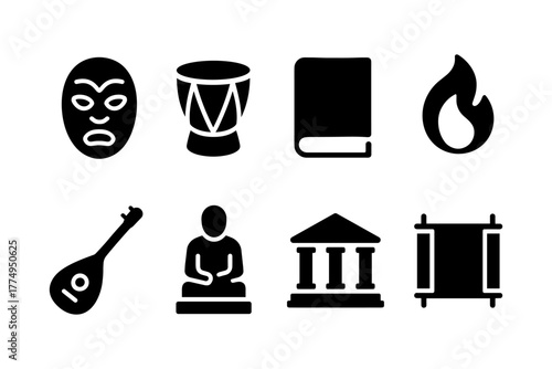 Cultural icon set featuring music, art, and heritage symbols in bold silhouette design