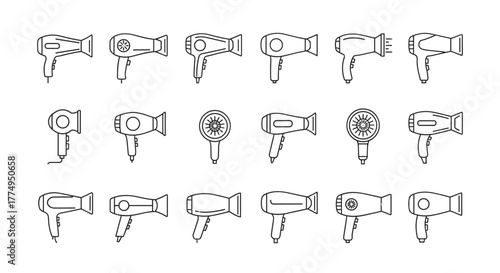 Collection of minimalistic linear pictograms representing various hair dryers, presented as line icons. This versatile vector graphic set is ideal for web design, mobile applications, banners, social