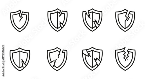 Set of eight cracked shield linear symbols, perfect for graphic design, websites, cards, books, and articles. This vector cartoon illustration features a white background and represents concepts of