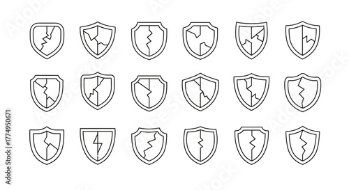 Set of 15 minimalistic thin line icons representing cracked shields, symbolizing broken security, vulnerability, or failed protection. Ideal for web design, app interfaces, banners, social networks