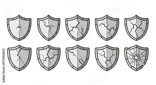 Set of ten cracked shield icons in a row, symbolizing broken security, failure, or vulnerability. Each shield displays distinct crack patterns, from hairline fractures to shattered surfaces, rendered