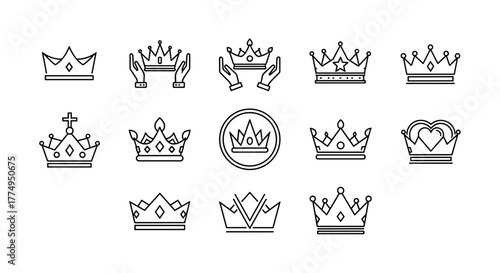 A minimalist line icon depicting a crown held gently between two hands, symbolizing royalty, leadership, and achievement. This versatile graphic is perfect for web design, branding, invitations, book