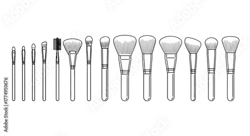 Collection of White Outline Cosmetic Makeup Brushes on a Black Background, Featuring Various Shapes and Sizes for Different Applications, Ideal for Graphic Design, Web, Apps, and Advertisements