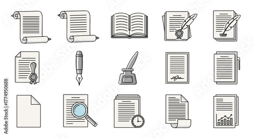Collection of document icons featuring scrolls, open book, quill pens, inkwells, fountain pens, sealed papers, and charts, perfect for infographics, articles, books, flyers, and banners, with