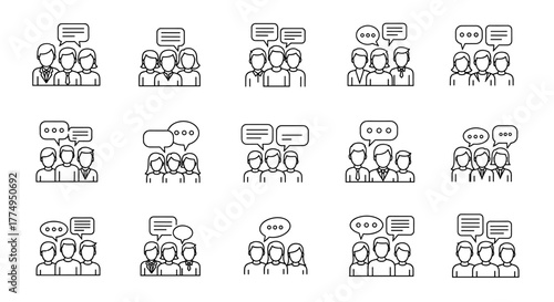 Set of 15 outline icons representing faceless people in conversation, with speech bubbles indicating communication and discussion. These linear symbols are perfect for graphic design, vector