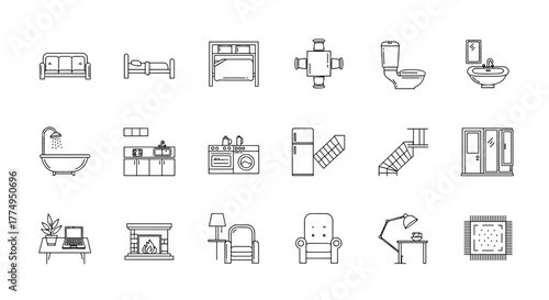 Collection of thin line icons representing various home interior elements and furniture, including a sofa, bed, wardrobe, dining table, toilet, sink, bathtub, kitchen cabinets, washing machine