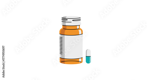 A simple, clean vector illustration of a prescription medicine bottle with a blank label and a single capsule next to it, set against a stark black background, symbolizing healthcare