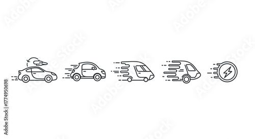 Set of five minimalist line art icons representing speed and performance, including a sports car with a recycling symbol, a compact car, a delivery van, a futuristic vehicle, and an electric charging