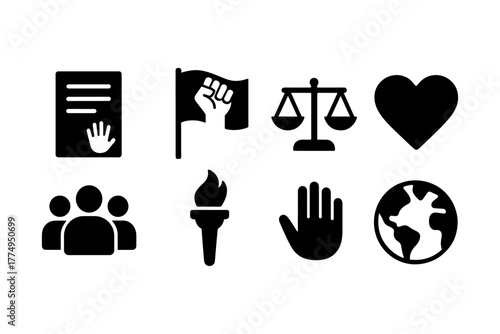 Icon set featuring justice, equality, and social justice themes in black silhouette style