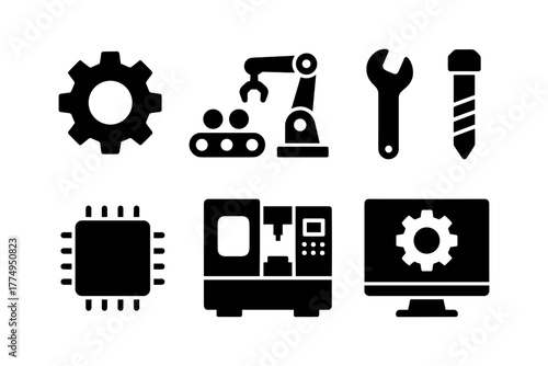 Industrial icon set: manufacturing, automation, and machinery silhouettes