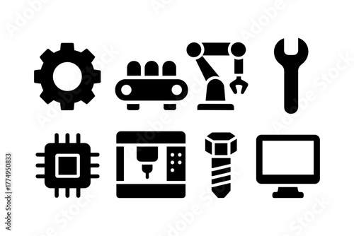Industrial tools and equipment icons set in bold silhouette style