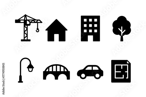 Urban development icons: construction, infrastructure, and city planning elements in black silhouette style