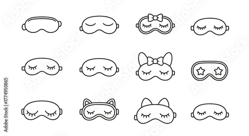 Collection of simple line art sleep masks, including a classic design, a mask with a bow, a cat-ear mask, and a star-shaped eye mask, representing comfort and rest, perfect for sleep-related themes