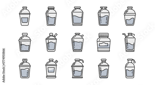 Modern outline style icons of shakers and bottles filled with liquid, presented as a clean, ordered set on a black background, perfect for design elements in cards, apps, and social networks