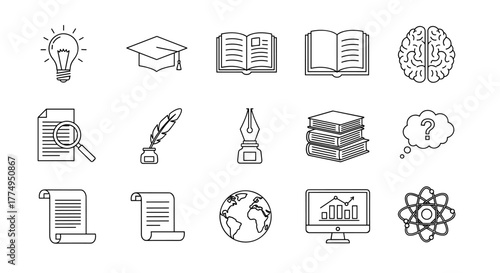 A comprehensive set of clean, white outline icons representing knowledge, education, and learning, presented on a black background. This collection includes symbols like a lightbulb for ideas, a