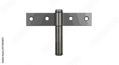 A realistic 3D render of a T-hinge, a crucial construction hardware component for doors, gates, and windows, showcasing its metallic texture and screw holes, ideal for repair and building projects.