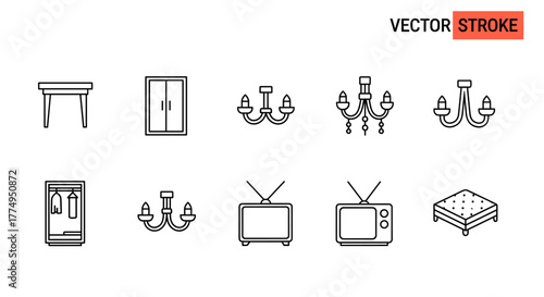Collection of Simple Line Icons Featuring a Table, Closet, Chandelier, TV Set, and Mattress, all with Editable Strokes, Perfect for Infographics, Articles, Books, Flyers, and Banners, Vector Graphic