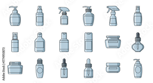 Collection of cosmetic bottles and containers, including pump dispensers, spray bottles, dropper bottles, and jars, presented as a clean, modern vector illustration on a black background, perfect for