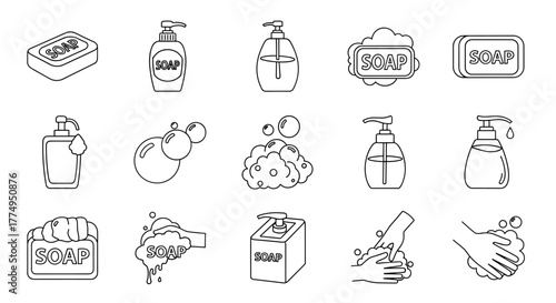 Collection of outline icons representing soap and handwashing, including bar soap, liquid soap dispensers, soap bubbles, and hands being washed, ideal for graphic design, web, apps, and advertising