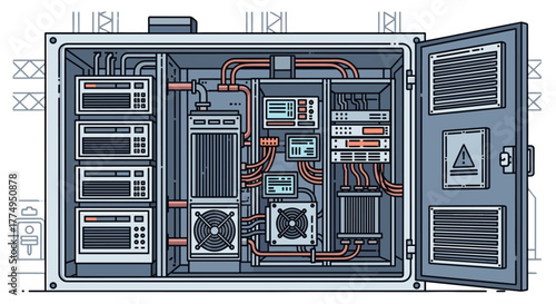 Modern edge data center modular design featuring advanced cooling systems and sophisticated monitoring equipment, housed within a secure industrial facility, rendered as a vibrant vector illustration