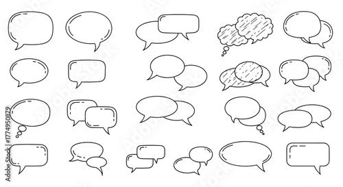 Collection of Hand-Drawn Speech Bubbles and Dialogue Boxes, Perfect for Representing Communication, Conversation, and Ideas in Infographics, Articles, Books, Flyers, and Banners, with Editable Stroke