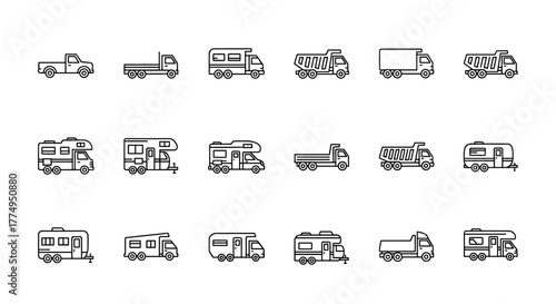 Collection of thin line icons representing various trucks and motor homes, perfect for graphic and web design, app development, advertisements, and diverse card illustrations, presented as clean
