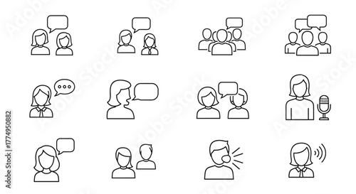 Collection of outline icons depicting communication and conversation, featuring unrecognizable people talking, speech bubbles, group discussions, and public speaking with a microphone, suitable for
