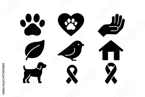 Animal and nature icons: pawprints, ribbons, leaves, and more for awareness
