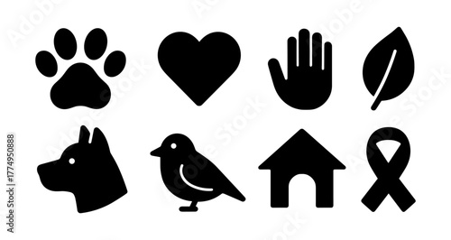 Set of black silhouette icons: animals, nature, and awareness symbols