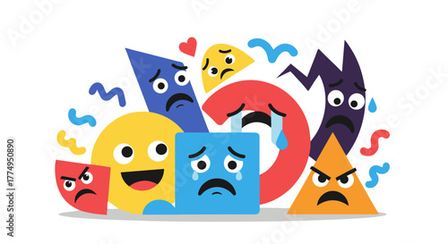 Vibrant abstract composition featuring a diverse collection of geometric shapes, each expressing a distinct emotion through facial features, including happy, sad, crying, scared, and angry